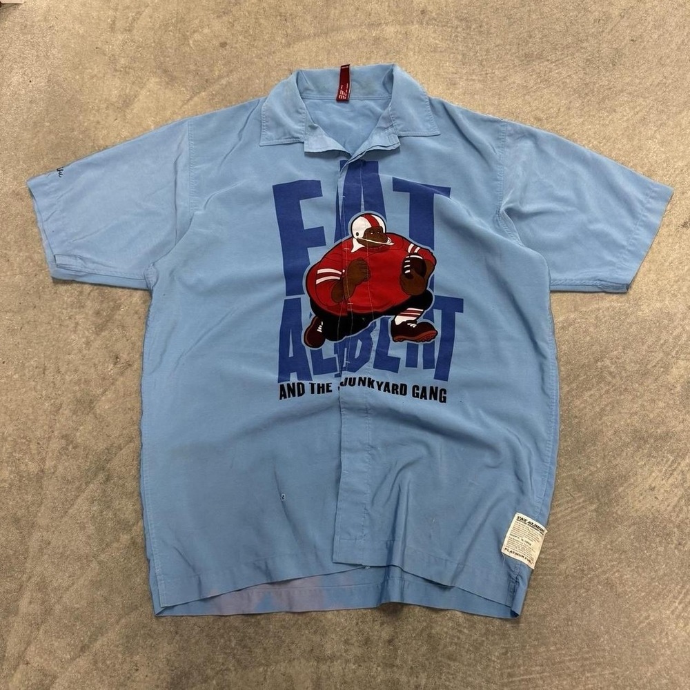 Men's Fubu Fat Albert Button Up Distressed Streetwear Y2K Short Sleeve Blue XL